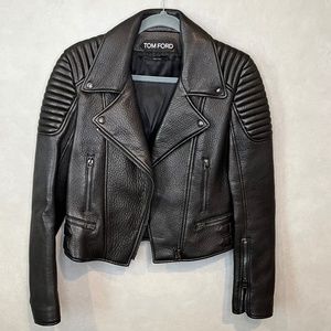 TOM FORD Leather Fitted Biker Jacket Black Made In Italy Quilted Shoulder Sz 42
